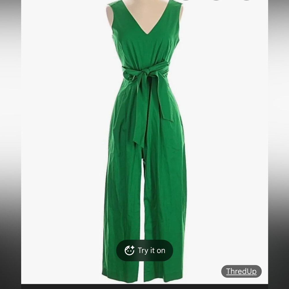 J. Crew Green Sleeveless V-Neck Wide-Leg Jumpsuit with Tie